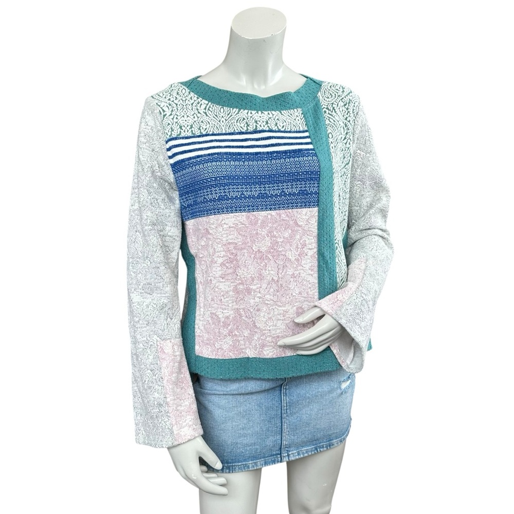 Anthropologie Postcard Open Snap Sides Pastel Patchwork Boho Sweater Size Medium - Picture 3 of 12